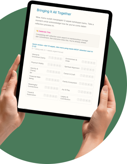 Hands holding a tablet displaying a pastel-green “Present Moment Check-in” worksheet page with Yes/No checkboxes and a hand touching calm water, set against a pink circular background.